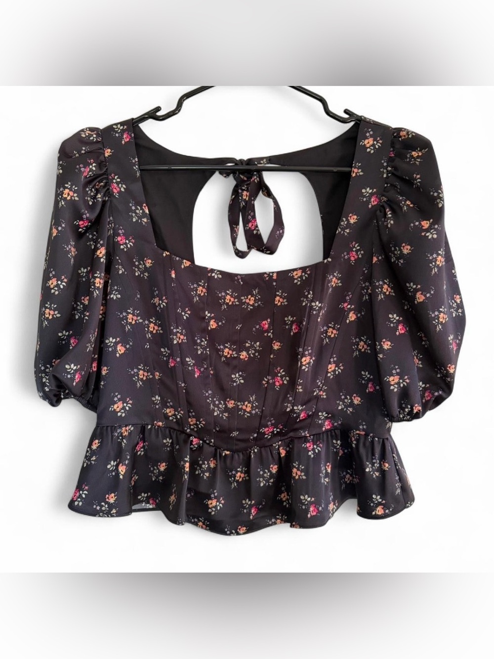 Way F Women’s Black Floral Square-Neck Corset Peplum Top nwt